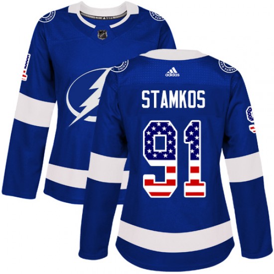 Adidas Tampa Bay Lightning 91 Steven Stamkos Blue Home Authentic USA Flag Women Stitched NHL Jersey
